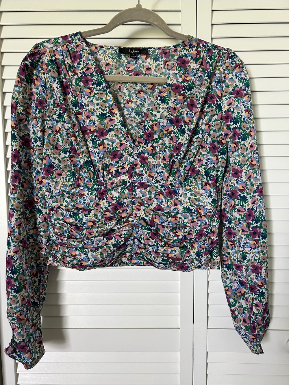 Floral Ruched V Neck Long Sleeve Blouse Cottagecore Romantic Top